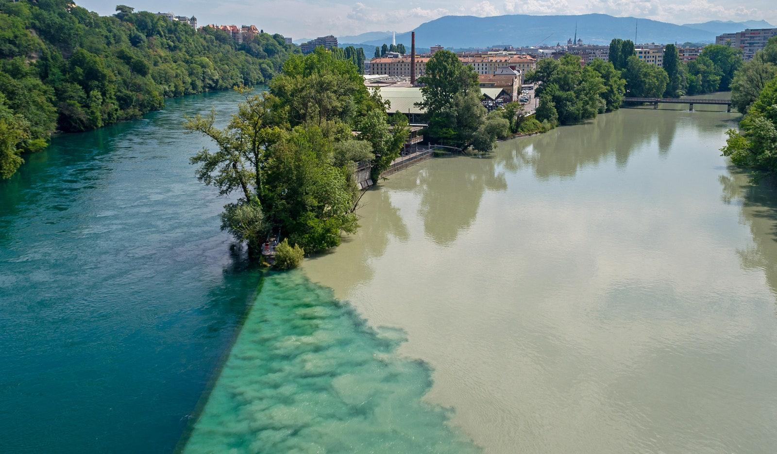 W77CRY Pointe de la Jonction in Geneva Switzerland  The point where  the rivers Rhone and Arve meet as viewed the bridge...